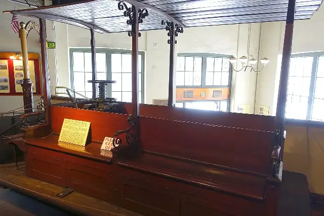 The preserved 1873 Clay Street Hill Railroad Car No. 8 on display at the San Francisco Cable Car Museum.