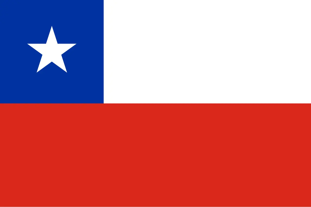 The national flag of Chile: two horizontal bands of white and red with a blue square bearing a white star in the upper left