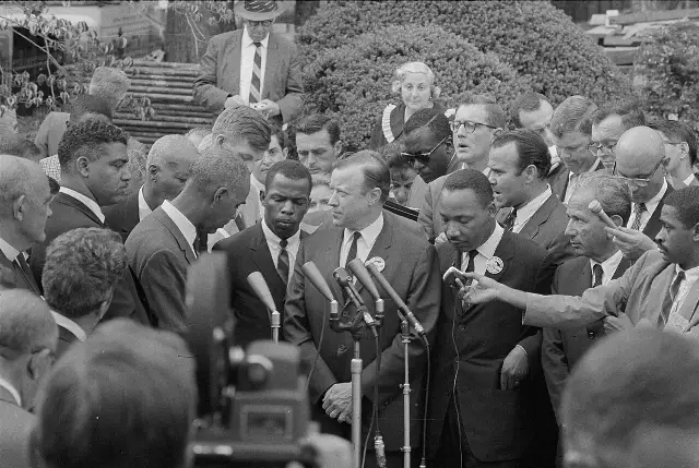 Martin Luther King Jr. among civil rights leaders speaking to reporters in Washington, D.C., after the 1963 March on Washington — an earlier photograph; illustrative.