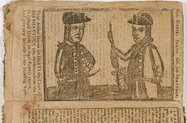A 1787 satirical broadsheet woodcut depicting rebellion leaders Daniel Shays and Job Shattuck (contemporary print, not a photograph).