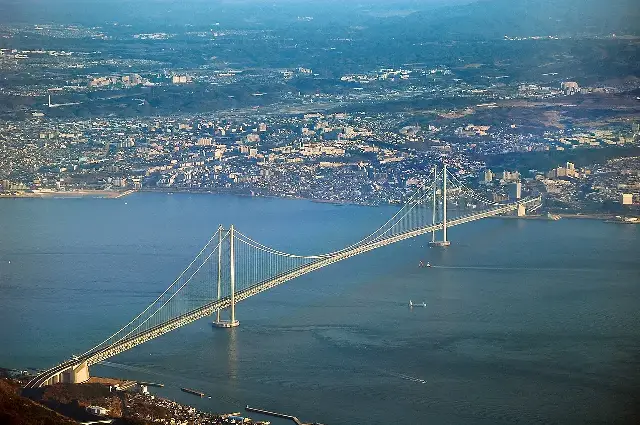 Aerial view of the Akashi Kaikyo Bridge spanning the strait between Kobe and Awaji Island, Japan.