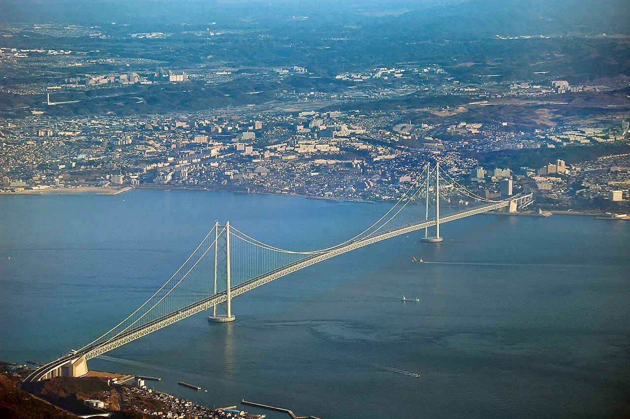Aerial view of the Akashi Kaikyo Bridge spanning the strait between Kobe and Awaji Island, Japan.