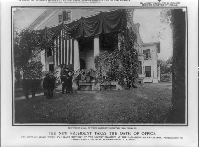 The Ansley Wilcox home in Buffalo draped in mourning bunting and an American flag, photographed for Leslie's Weekly immediately after Theodore Roosevelt took the oath of office inside on September 14, 1901