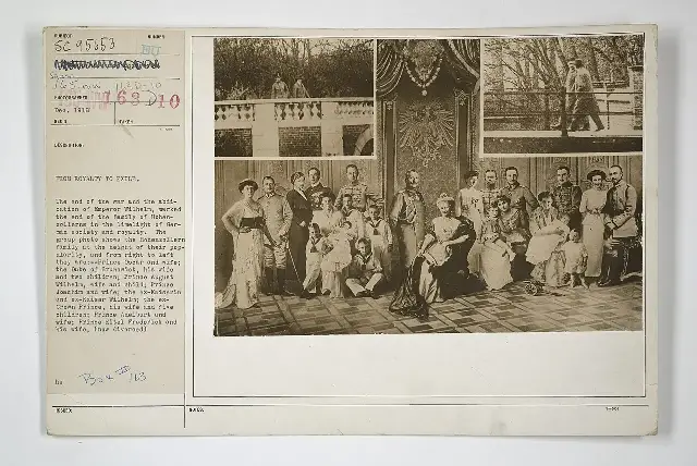 A 1918 U.S. Army Signal Corps photo card titled 'From Royalty to Exile,' showing the Hohenzollern family after Kaiser Wilhelm II's abdication on November 9, 1918.