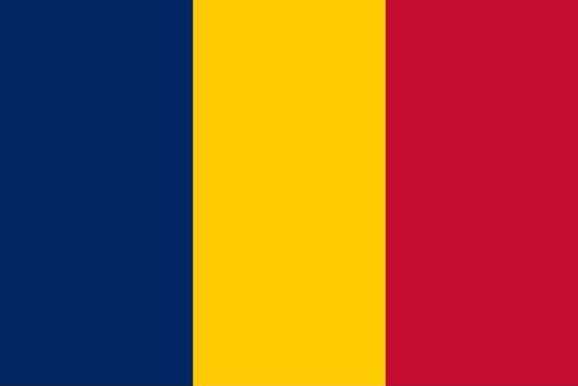 The national flag of Chad: vertical stripes of blue, yellow, and red