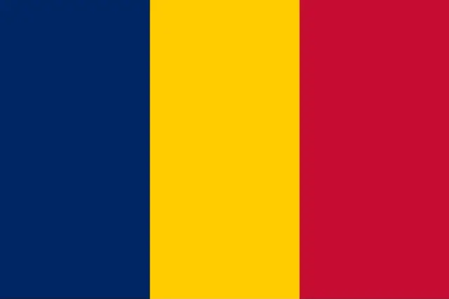 The national flag of Chad: vertical stripes of blue, yellow, and red