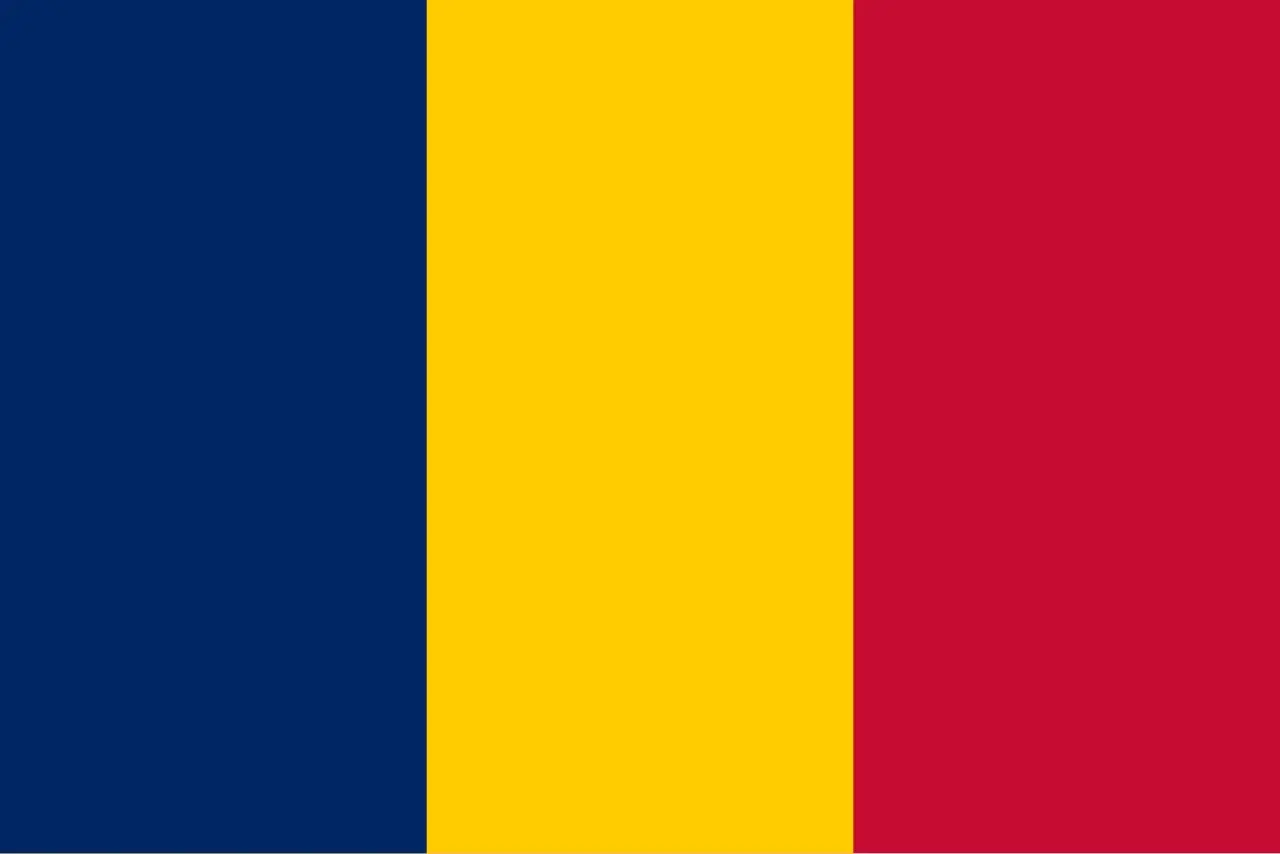 The national flag of Chad: vertical stripes of blue, yellow, and red