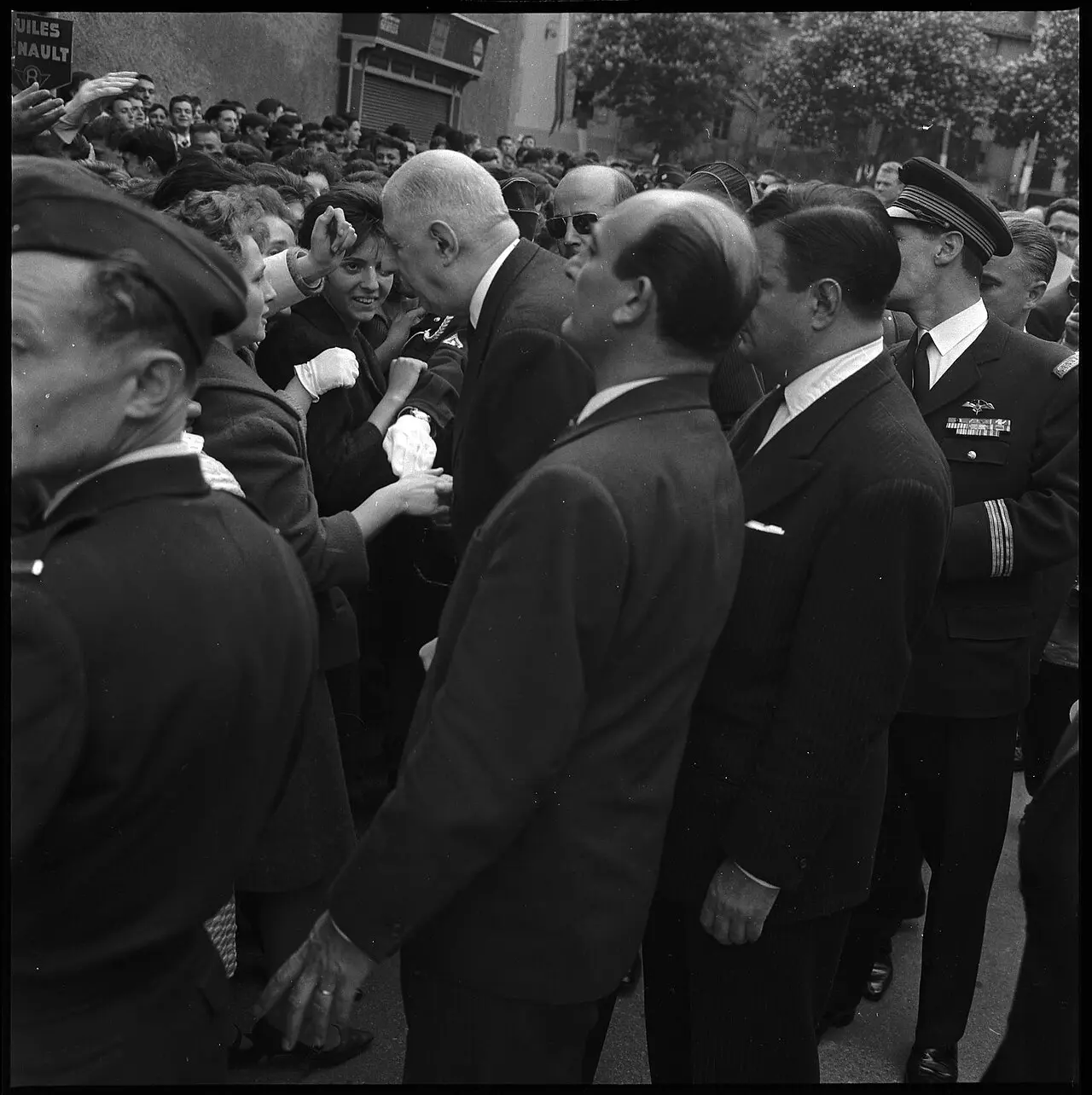 Charles de Gaulle greeting supporters in the Lot region of France in May 1962, three months before the assassination attempt at Petit-Clamart.