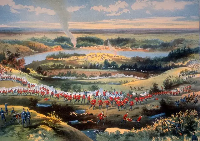 Seargent Grundy's 1885 colour print of the Battle of Batoche, the final battle of the North-West Resistance that led to Louis Riel's capture — an artistic reconstruction, not a photograph.