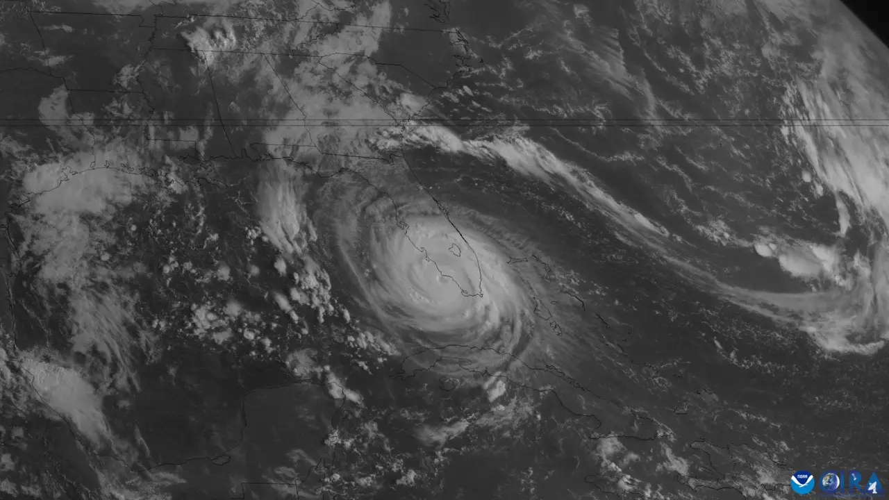 GOES satellite image of Hurricane Andrew over the Gulf Coast on August 26, 1992, the day of its Louisiana landfall.