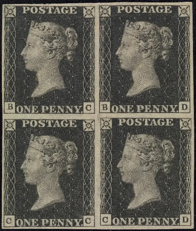 A block of four Penny Black stamps from 1840, the world's first adhesive postage stamps, showing Queen Victoria's profile
