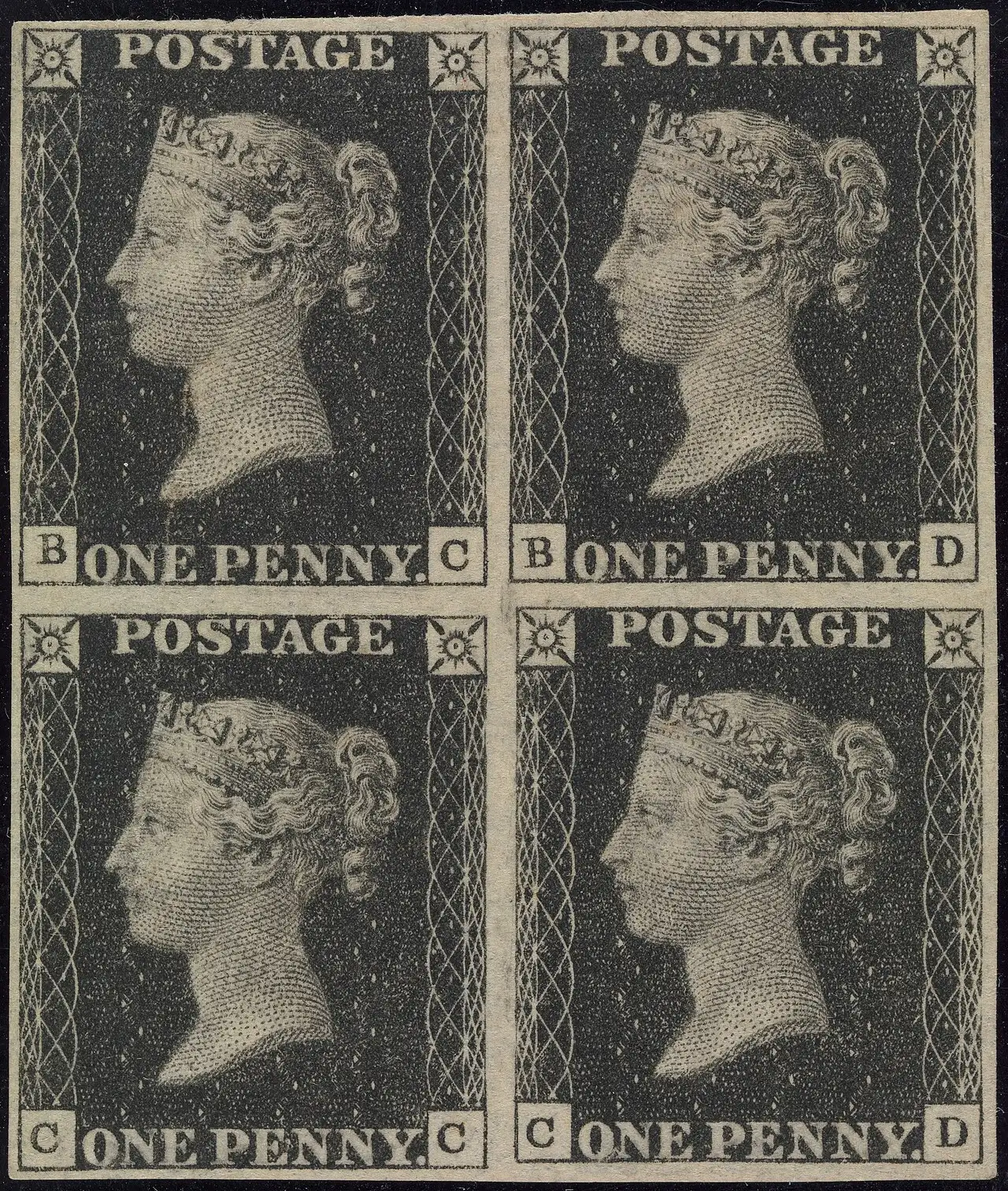 A block of four Penny Black stamps from 1840, the world's first adhesive postage stamps, showing Queen Victoria's profile