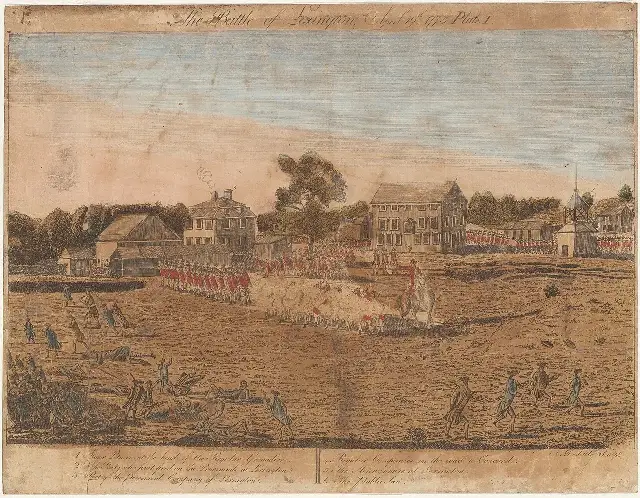 Amos Doolittle's 1775 engraving 'The Battle of Lexington, April 19th, 1775' — a contemporary depiction of the battle.