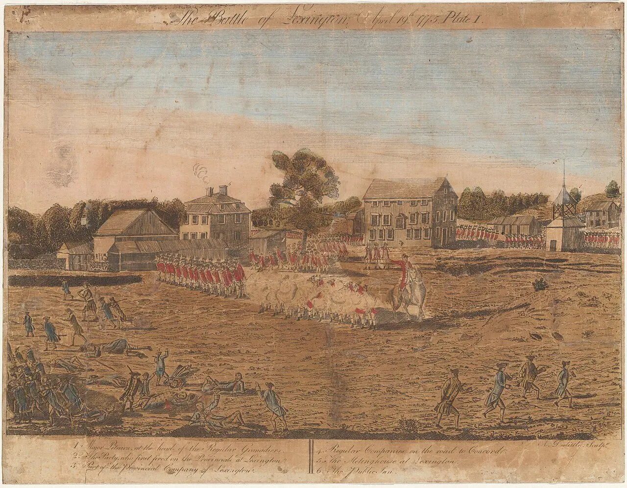 Amos Doolittle's 1775 engraving 'The Battle of Lexington, April 19th, 1775' — a contemporary depiction of the battle.