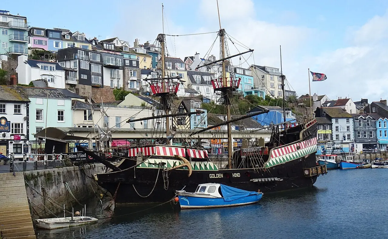 A full-size modern replica of Drake's ship the Golden Hind moored at Brixham harbour; the original ship did not survive.