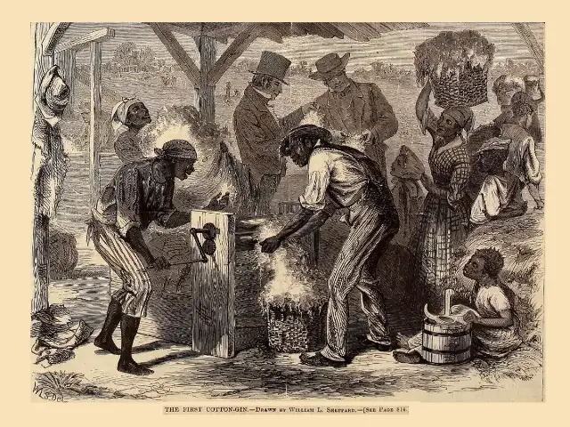 Harper's Weekly 1869 engraving 'The First Cotton-Gin' showing enslaved workers operating a cotton gin