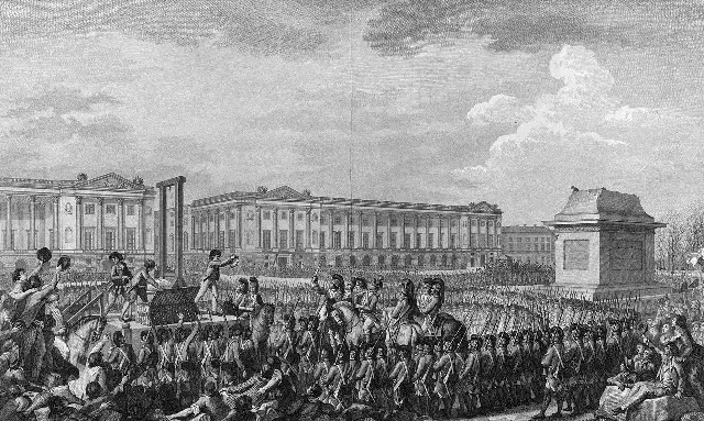A contemporary 1793 engraving showing the execution of Louis XVI at the guillotine before a vast crowd and soldiers on horseback at the Place de la Révolution in Paris.