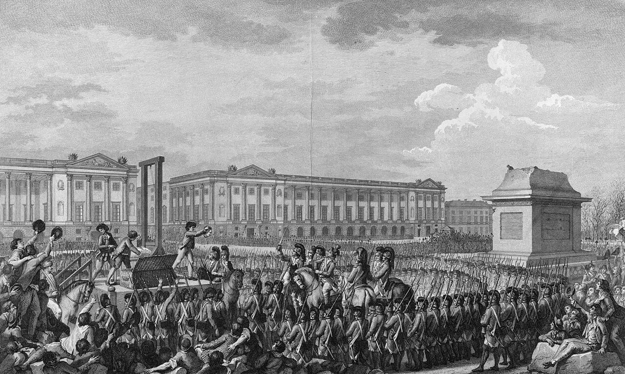 A contemporary 1793 engraving showing the execution of Louis XVI at the guillotine before a vast crowd and soldiers on horseback at the Place de la Révolution in Paris.