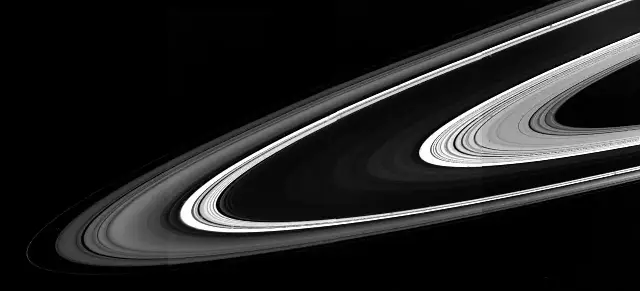 Saturn's rings seen from the unlit side in a Voyager 1 image from November 1980, days after its closest approach.
