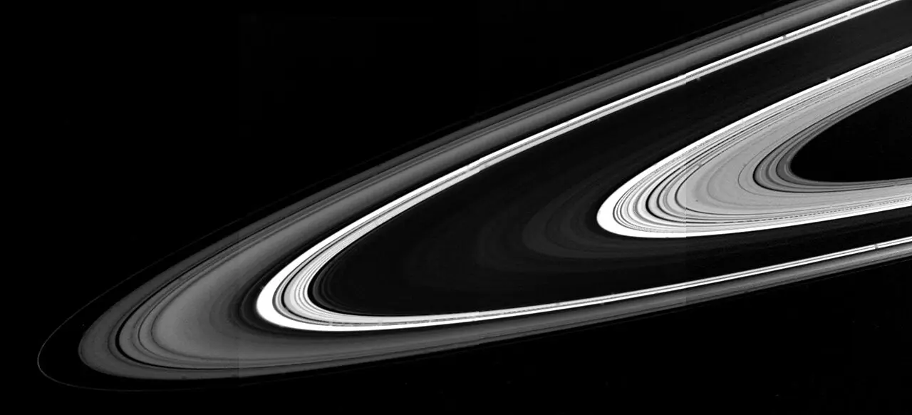 Saturn's rings seen from the unlit side in a Voyager 1 image from November 1980, days after its closest approach.