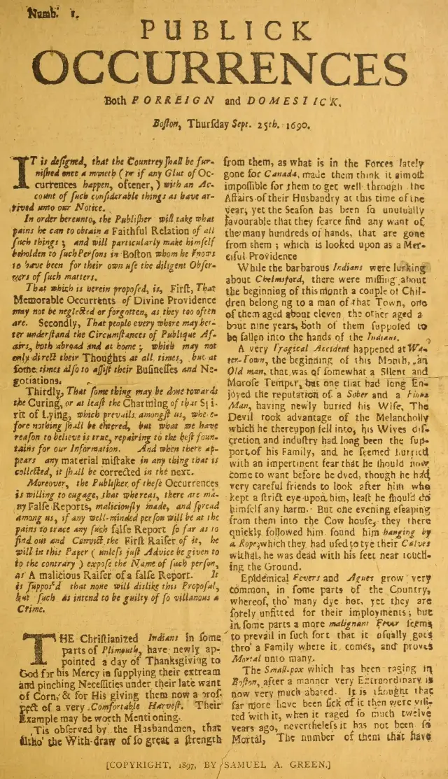 The front page of Publick Occurrences, the first newspaper printed in America, dated September 25, 1690.