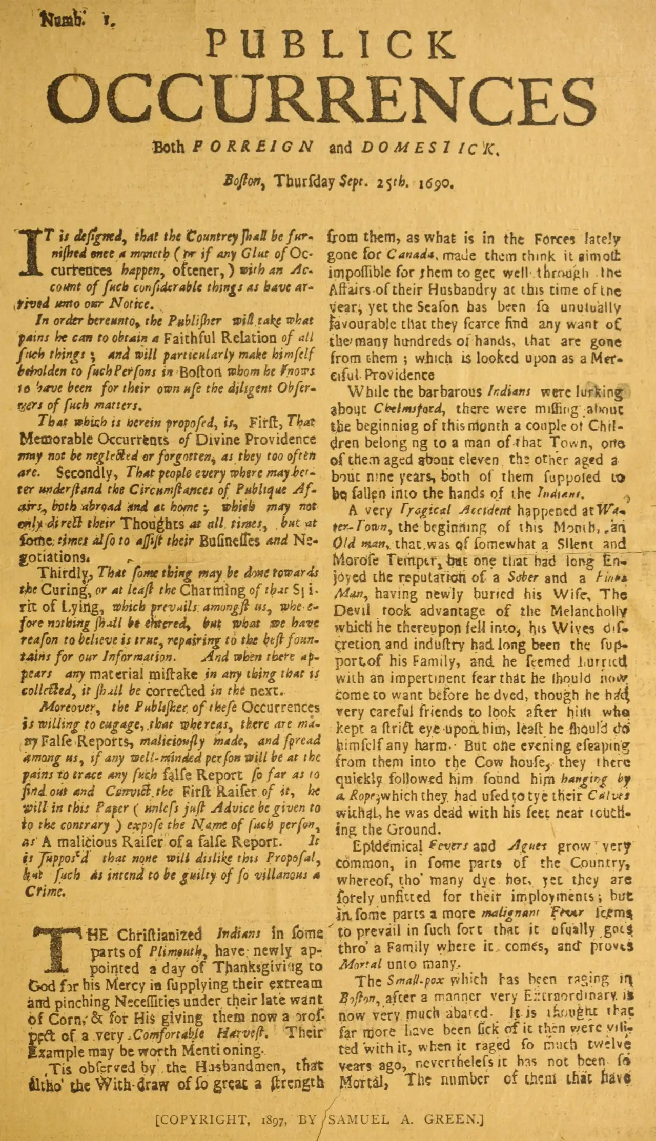 The front page of Publick Occurrences, the first newspaper printed in America, dated September 25, 1690.