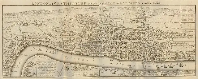 1563 panorama of London and Westminster showing the abbey church on the Thames