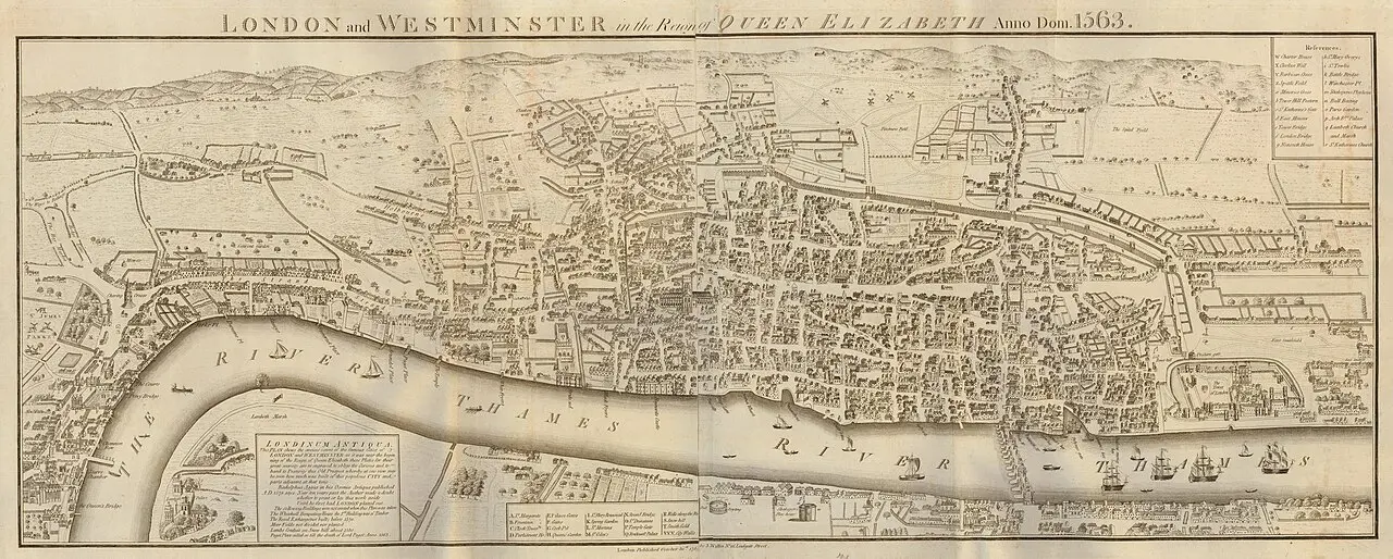 1563 panorama of London and Westminster showing the abbey church on the Thames