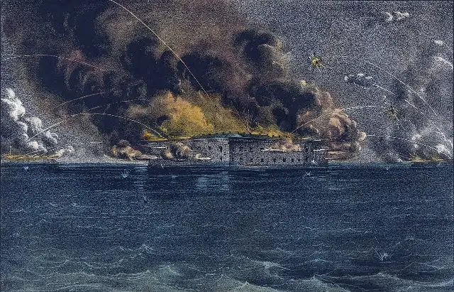 Currier & Ives' 1861 lithograph of the bombardment of Fort Sumter, showing the fort under shellfire at night.