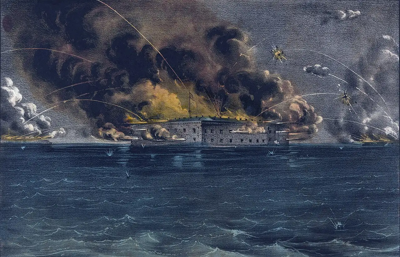 Currier & Ives' 1861 lithograph of the bombardment of Fort Sumter, showing the fort under shellfire at night.