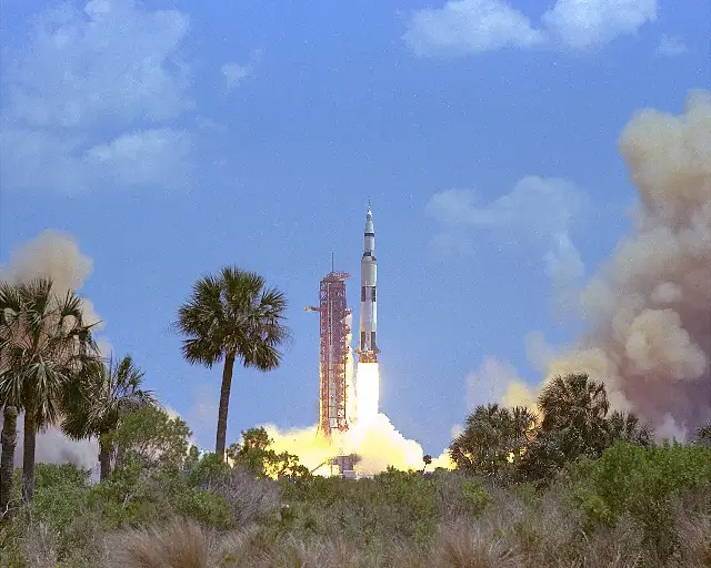 Apollo 16's Saturn V rocket lifting off from Launch Complex 39A at Kennedy Space Center on April 16, 1972.