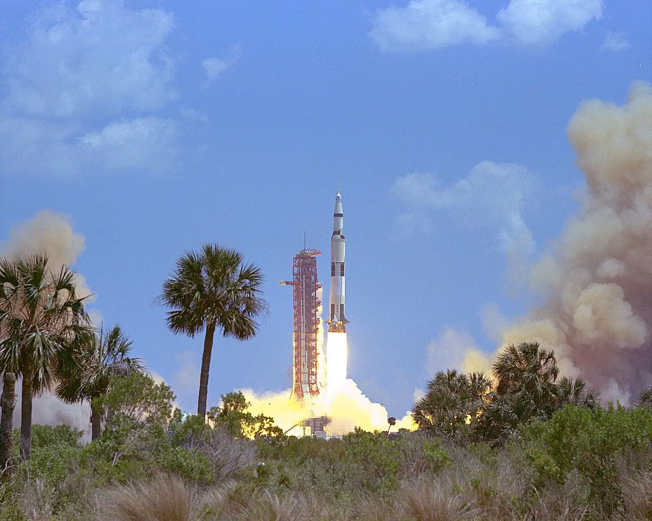 Apollo 16's Saturn V rocket lifting off from Launch Complex 39A at Kennedy Space Center on April 16, 1972.
