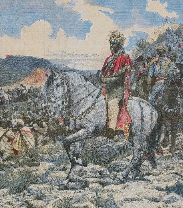 1896 Le Petit Journal illustration of Emperor Menelik II on horseback at the Battle of Adwa with Ethiopian troops