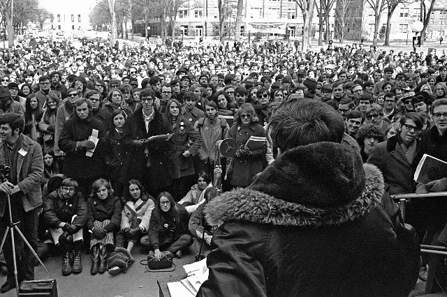 Students packed onto the University of Michigan's Diag for a 1970 environmental teach-in rally, part of the first Earth Day wave.