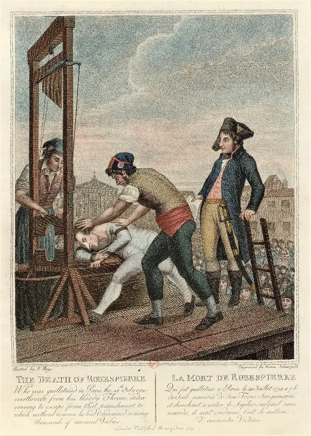 1799 engraving of Maximilien Robespierre's execution by guillotine in Paris.