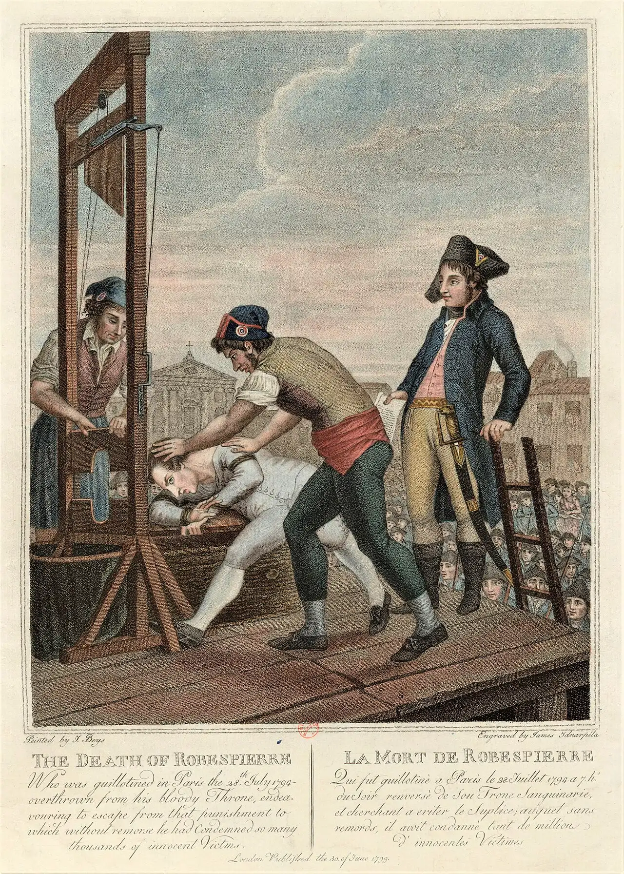1799 engraving of Maximilien Robespierre's execution by guillotine in Paris.
