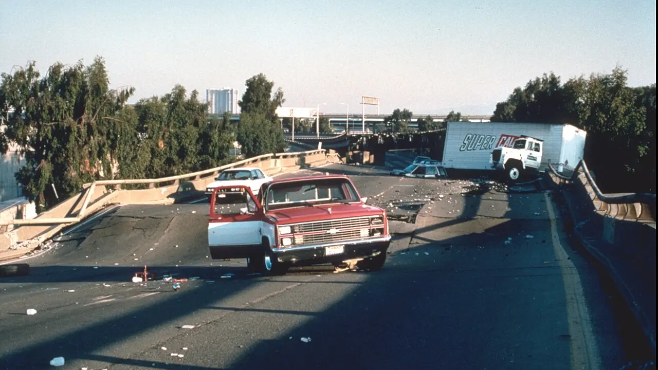 Cars stranded on the broken, collapsed upper deck of the double-decker Nimitz Freeway in Oakland after the 1989 Loma Prieta earthquake.