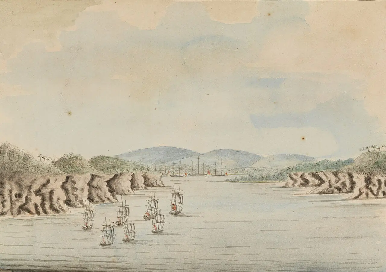 William Bradley's 1788 watercolour of the First Fleet's ships entering Botany Bay, painted three days after their arrival.