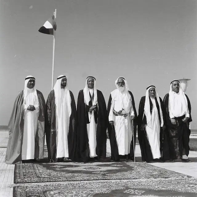 Sheikh Zayed and the rulers of the emirates at Union House in Dubai after the flag-raising ceremony on December 2, 1971