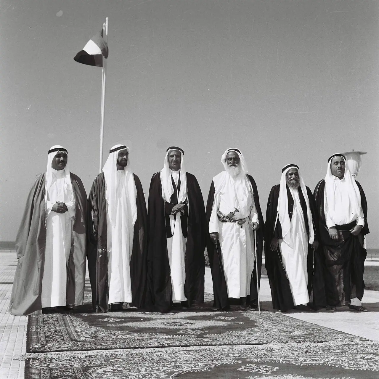 Sheikh Zayed and the rulers of the emirates at Union House in Dubai after the flag-raising ceremony on December 2, 1971