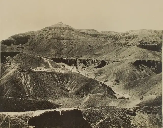 The Theban hills of the Valley of the Kings in a photograph from Harry Burton's 1920s Tutankhamun excavation album (illustrative).