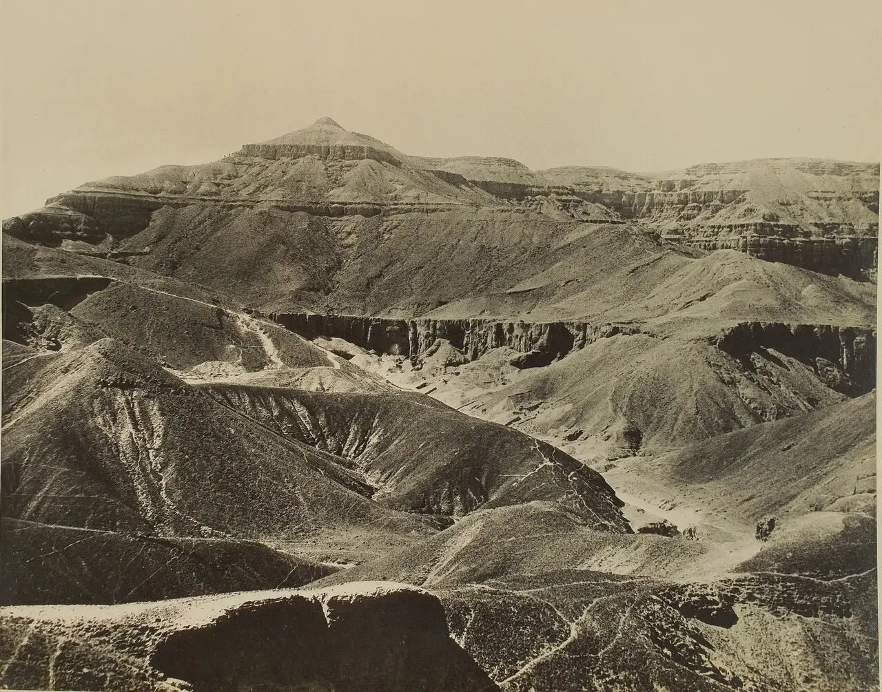 The Theban hills of the Valley of the Kings in a photograph from Harry Burton's 1920s Tutankhamun excavation album (illustrative).