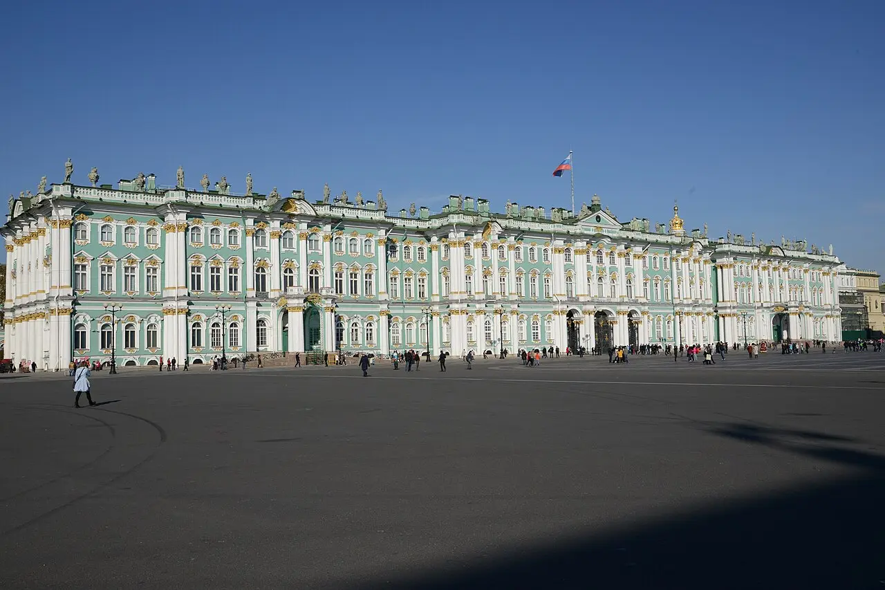 Illustrative: the Winter Palace in St. Petersburg, headquarters of Russia's Provisional Government, seized by Bolshevik forces on November 7, 1917.