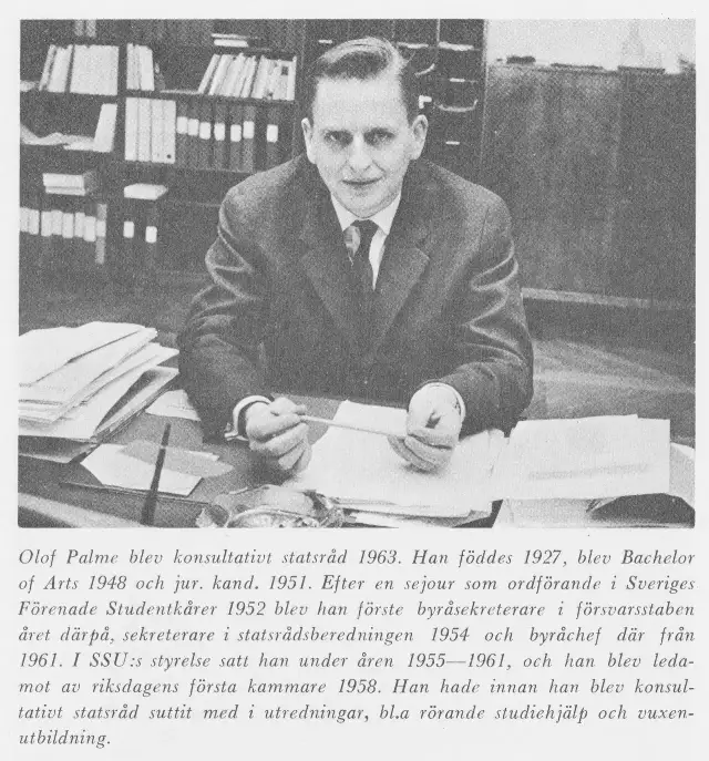 Black-and-white archive portrait of a young Olof Palme seated at a desk, with Swedish biographical text printed below