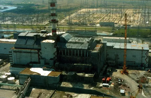 Aerial view of the Chernobyl Nuclear Power Plant in 2007, showing the concrete sarcophagus built over the destroyed Reactor 4.