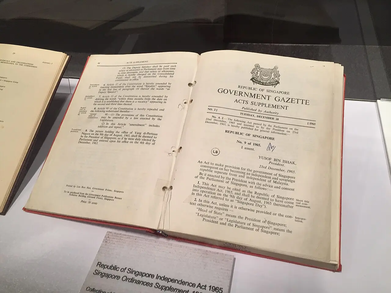 The Republic of Singapore Independence Act 1965, as printed in the Government Gazette, on display at the Supreme Court of Singapore.