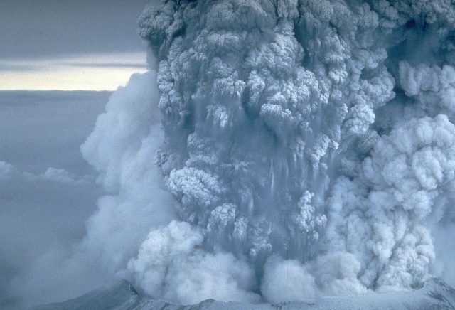 The ash plume rising from Mount St. Helens on May 18, 1980, photographed by USGS geologist Donald A. Swanson.