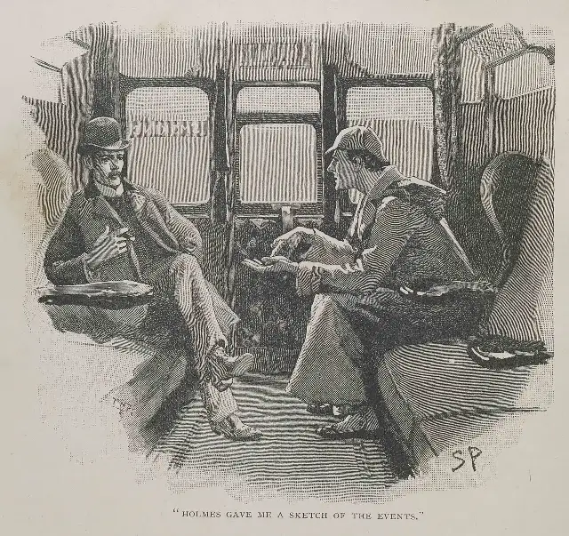 Sidney Paget's 1892 illustration of Sherlock Holmes and Dr. Watson talking in a railway carriage, from 'The Adventure of the Silver Blaze'.