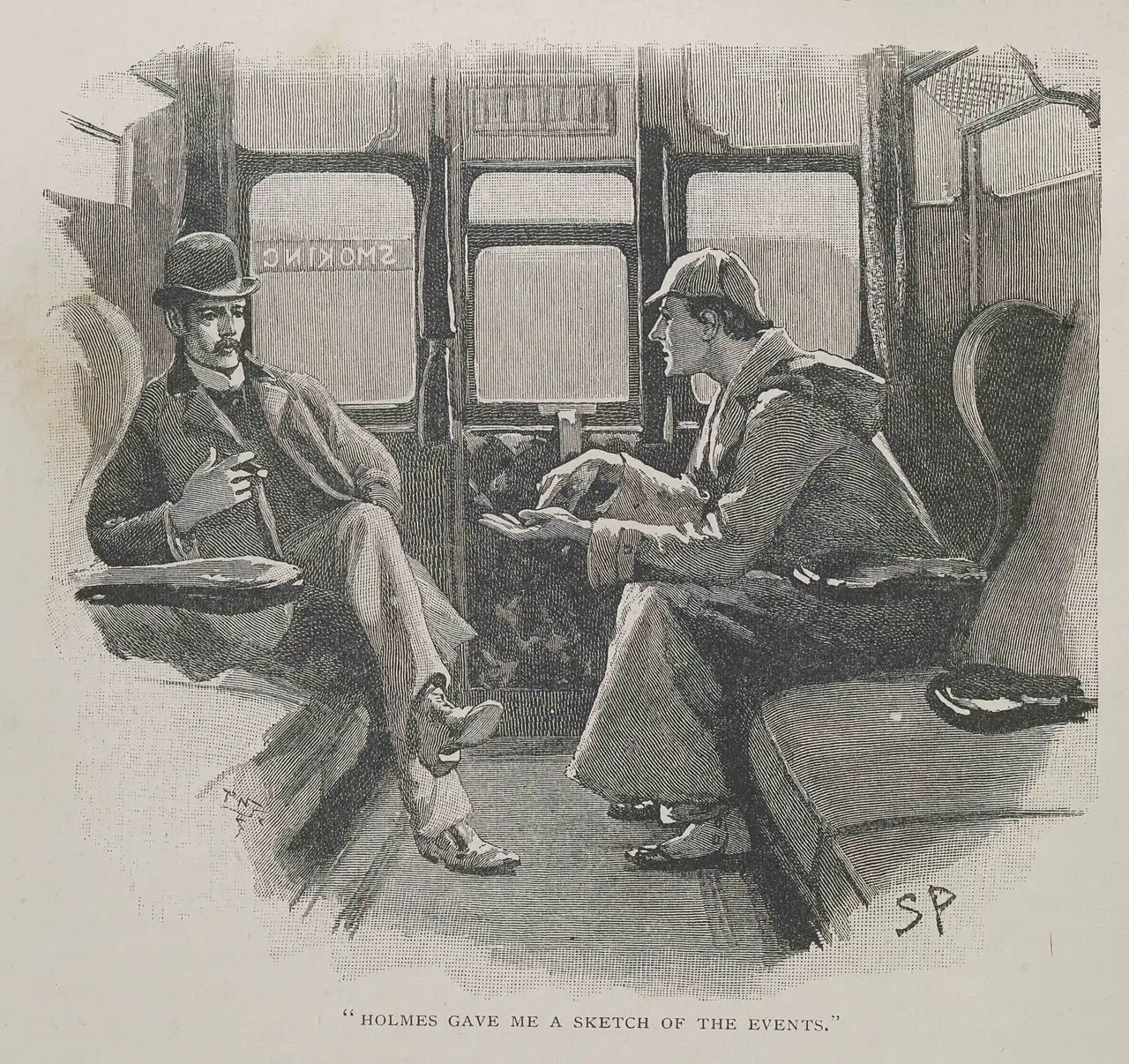 Sidney Paget's 1892 illustration of Sherlock Holmes and Dr. Watson talking in a railway carriage, from 'The Adventure of the Silver Blaze'.