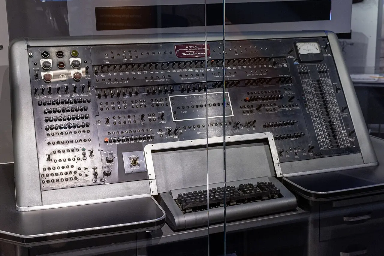 The operator's console of a UNIVAC I computer, with rows of switches, dials, and a keyboard, on display at the Computer History Museum.
